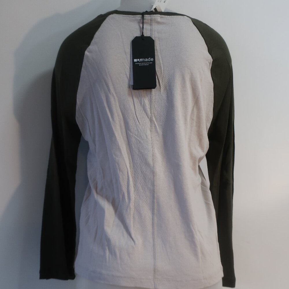 NWT Womens LA Made Military Green Beige (Item- 32) Raglan Baseball T-Shirt M - Picture 4 of 7